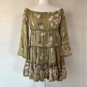 Jaase Mini Baby Doll Floral Sage Free Flowing Off The Shoulder Long Sleeve Dress
